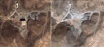صورتان وزعهما «معهد العلوم والأمن الدولي» في واشنطن تظهران الموقع في سوريا قبل تعرضه «للغارة» الإسرائيلية وبعد هدمه 